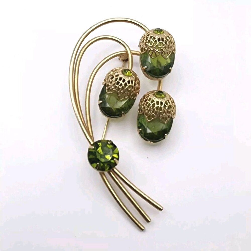 Vintage Juliana For Sarah Coventry Flower Sprig Brooch Gold Tone Green Glass